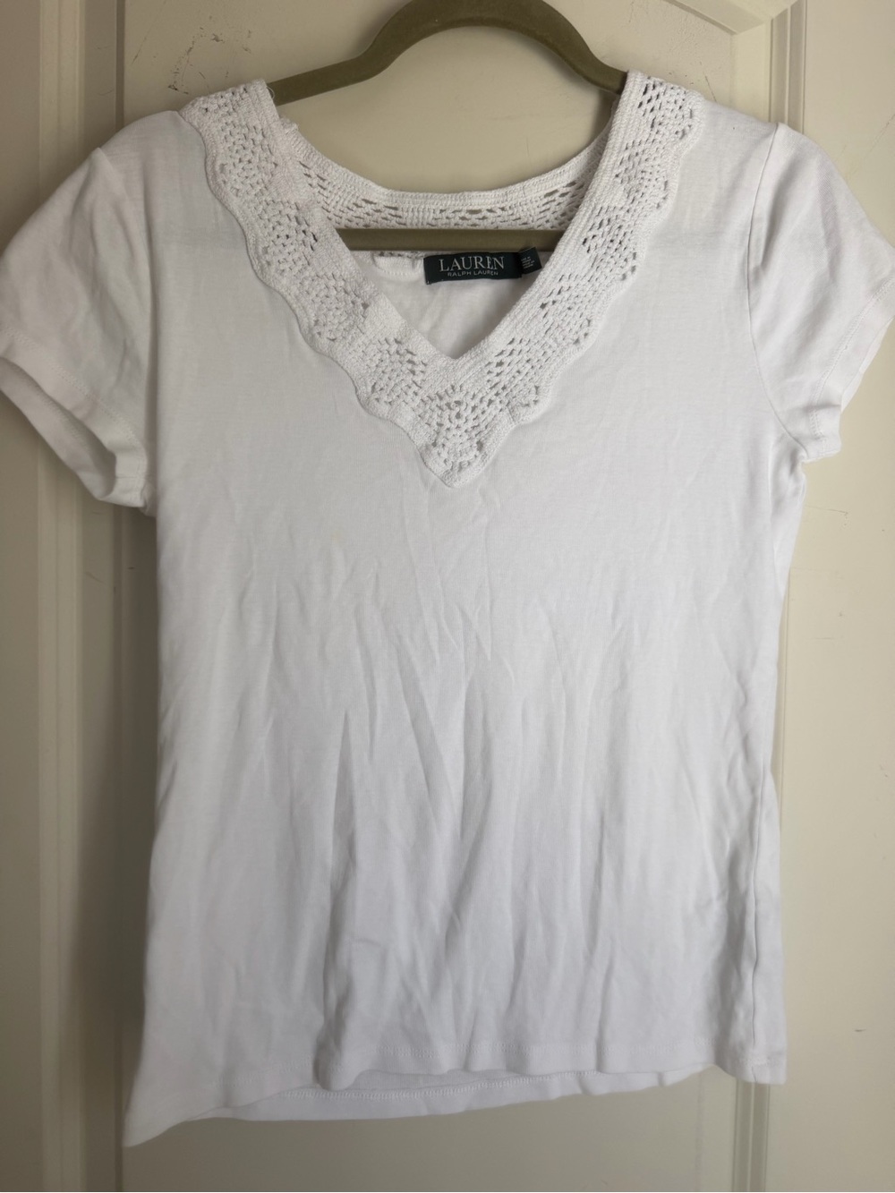 Lauren Ralph Lauren cotton White Crochet V-Neck Short Sleeve Tee L neutral offic
